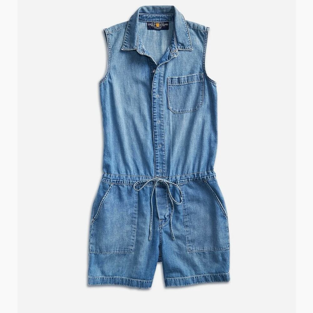 Lucky Brand Sleeveless Denim Chambray Romper Drawstring Waist XS Coastal Cowgirl